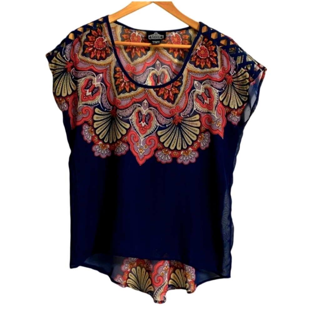 Angie Sheer Flowy Colorful Pattern Scoop Neck Blouse Women Size S